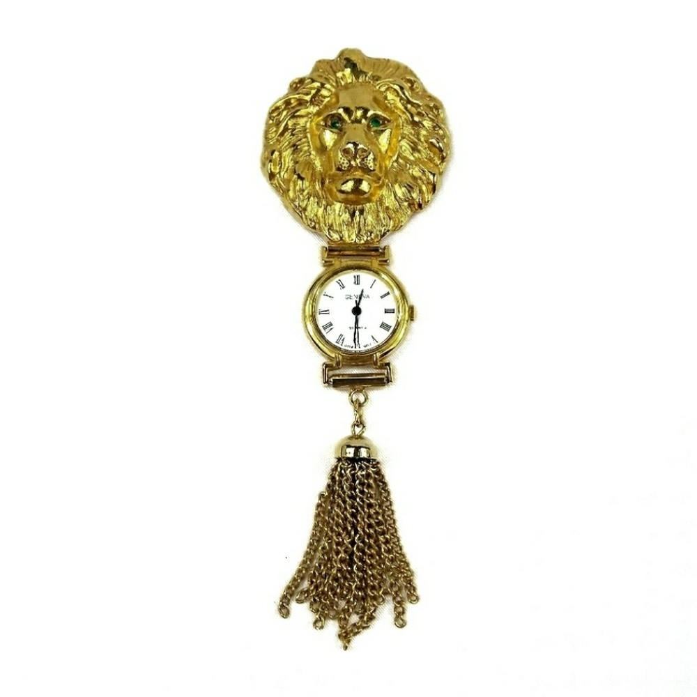 Vintage Gold Tone Lion Head Watch Brooch - Pin